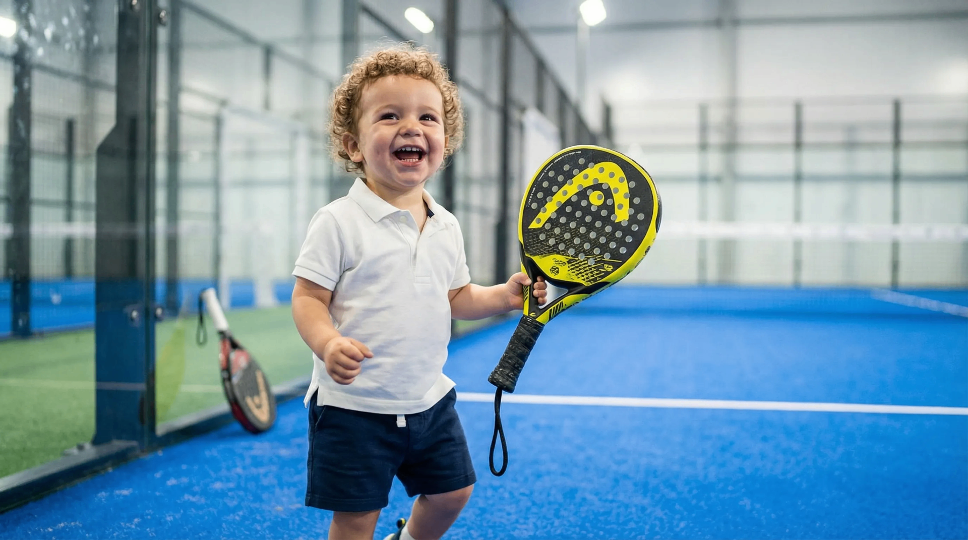 Happy child holding a padel racket on a blue indoor court