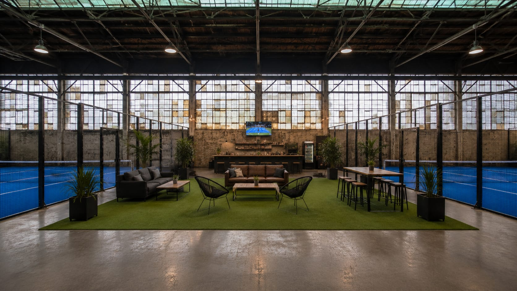 Padel courts surrounding a social lounge with bar and seating